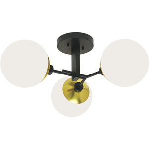 Triple Play 3 Light 24.38 inch Matte Black with Polished Brass and Opal Semi Flush Mount Ceiling Light